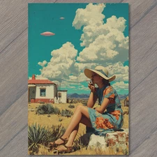 POSTCARD Retro Woman Smoking UFOs Over Desert House Blue Sky Orange Dress Sci Fi