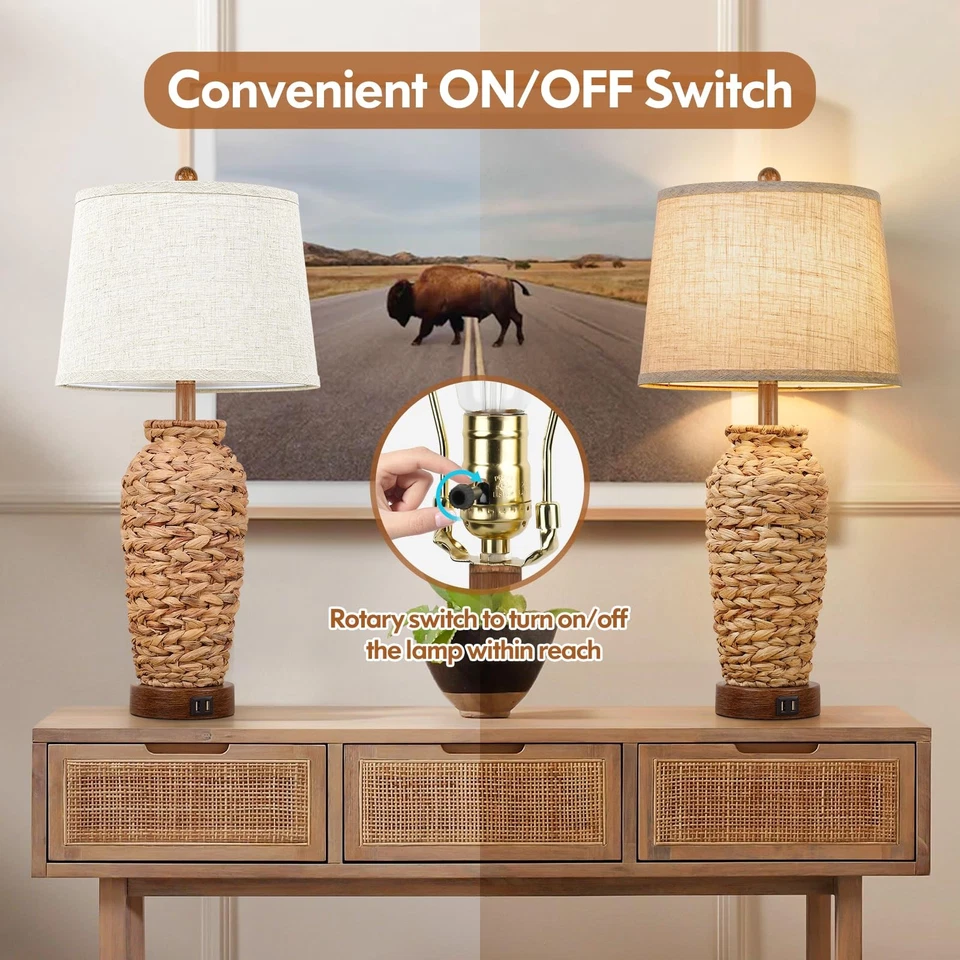 Juego de 2 Lámparas de Mesa de Ratán, Lámparas de Mesa Boho de 27 pulgadas de Alto con 2 P de Carga USB... Foto 4 de 4