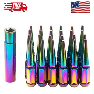 M14 x 1.5 Wheel Spike Lug Nuts 24Pcs Neo Chrome Solid 4.4'' Tall Acorn Lug Nut