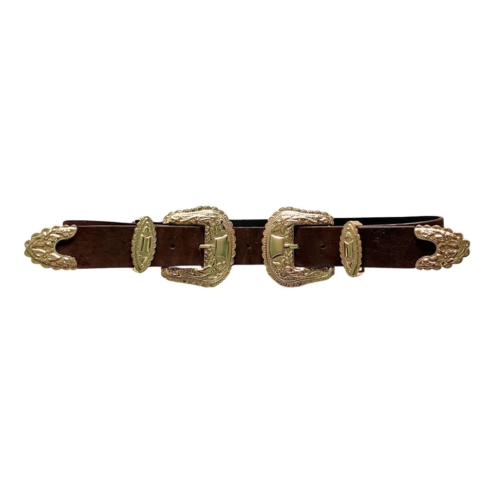 Y2K Western Brown Rose Gold Tone Double Buckle Belt. XS/S Floral Feminine Boho - Image 2 of 4