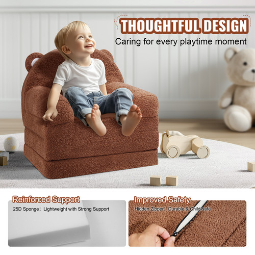 Baby Chair Foldable 2-in-1 Baby Lounger Couch Cartoon Kids Sofa Brown - Picture 5 of 12