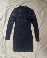 Fashion Nova Black Sequin Mock Neck Long Sleeve Bodycon Short Dress M