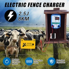 ATMOREA AC Powered Fence Charger LCD Display Up to 8 KM Electric Fence Energizer