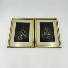 Pipal Leaf Indian Folk Art Pair Hand Painted Dancing Lady and Minstrel