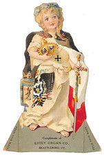 Estey Organ Brattleboro, VT Girl w/ Crown Sword Lg. Victorian Trade Card