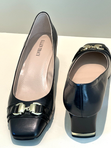 🆕️ZAPATOS DE VESTIR ELLEN TRACY 9.5 M CUERO NEGRO Tacones Bajos 2" Cómodos - Nuevos sin Etiquetas