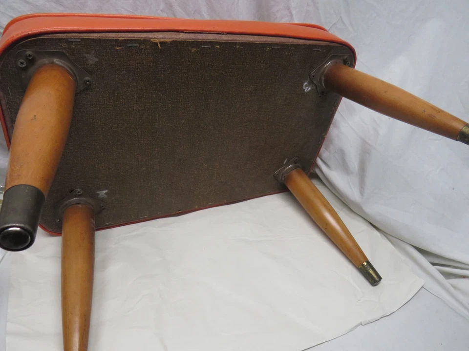 Vintage Mid Century Modern Orange Vinyl Footstool/Ottoman Wood Legs 21"x13"x13" - Image 4 of 4