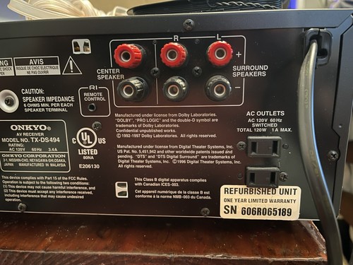 Onkyo TX-DS494 5.1 AV Receiver 55 Wpc Prologic DTS Tested Working NO REMOTE - Picture 4 of 6
