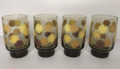 Vintage Mid-Century Libbey Amber Drinking Glasses Groovy Daisy Flowers ~5"~Set/4 - Picture 1 of 8