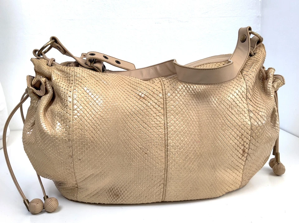 XL Tanner Krolle BEIGE PIEL DE PITÓN CUERO NEGRO GAMUZA FORRADO BOLSO DE HOMBRO HOBO Foto 4 de 4