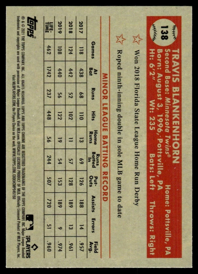 2021 Topps Chrome Platinum Anniversary Travis Blankenhorn Minnesota Twins #138 - Image 2 of 2