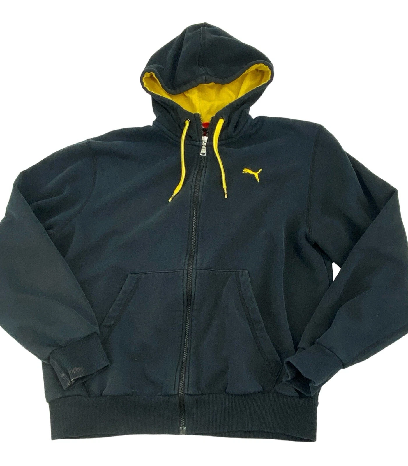 Puma Zipped Hoodie Cotton/Polyester Kangaroo Pocket Black and Yellow Mens M