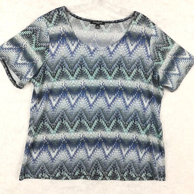 Notations Womens Top Blouse Short Sleeve Scoop Neck Chevron Blue Teal Plus 1X