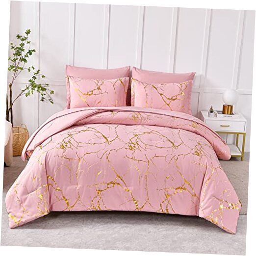 Gold Metallic Marble Comforter Set Size,7 Piece Bed in a Bag,Foil Queen Pink