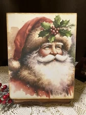 Santa with Holly on Hat, Christmas Handcrafted Plaque / Sign