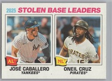 2026 Topps Heritage #4 2025 Stolen Base Leaders (Jose Caballero / Oneil Cruz)
