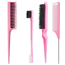 Pink 4 Piece Hair Brush Set with Teasing Comb and Edge Brush for Women