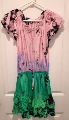 Karina Grimaldi 100% Silk Boho Style Pink and Green Tie-Dye Dress Size Med