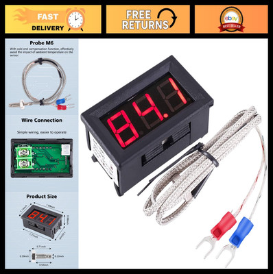 12V Red Digital Temperature Meter -76°F to 999°F LED Display, K-Type Sensor, Ind