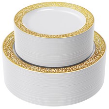 Gold Plastic Plates Set of 102, Disposable Plates with Gold Lace 51 Dinner Pl...