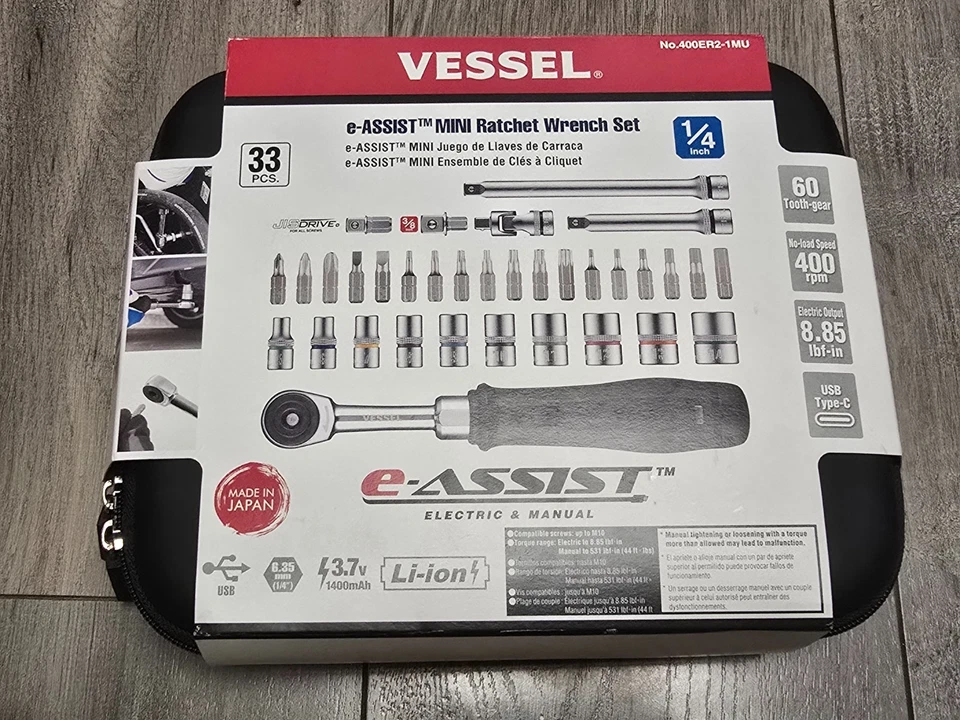 Nuevo trinquete recargable Vessel E-Assist 1/4" con juego de enchufes y brocas #400ER2-1MU Foto 4 de 4