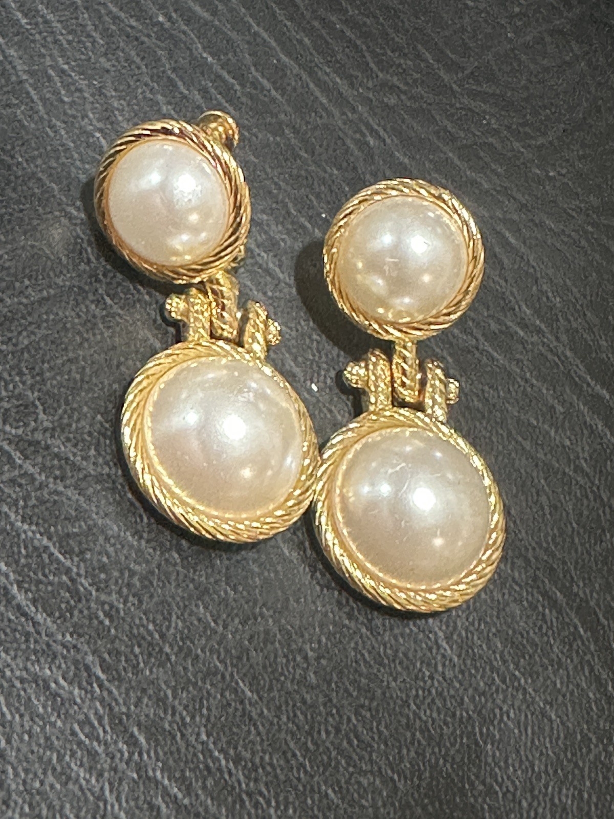 Vintage Gold Tone Double Imation Pearl  Cabochon Drop Clip On Screwback Earrings