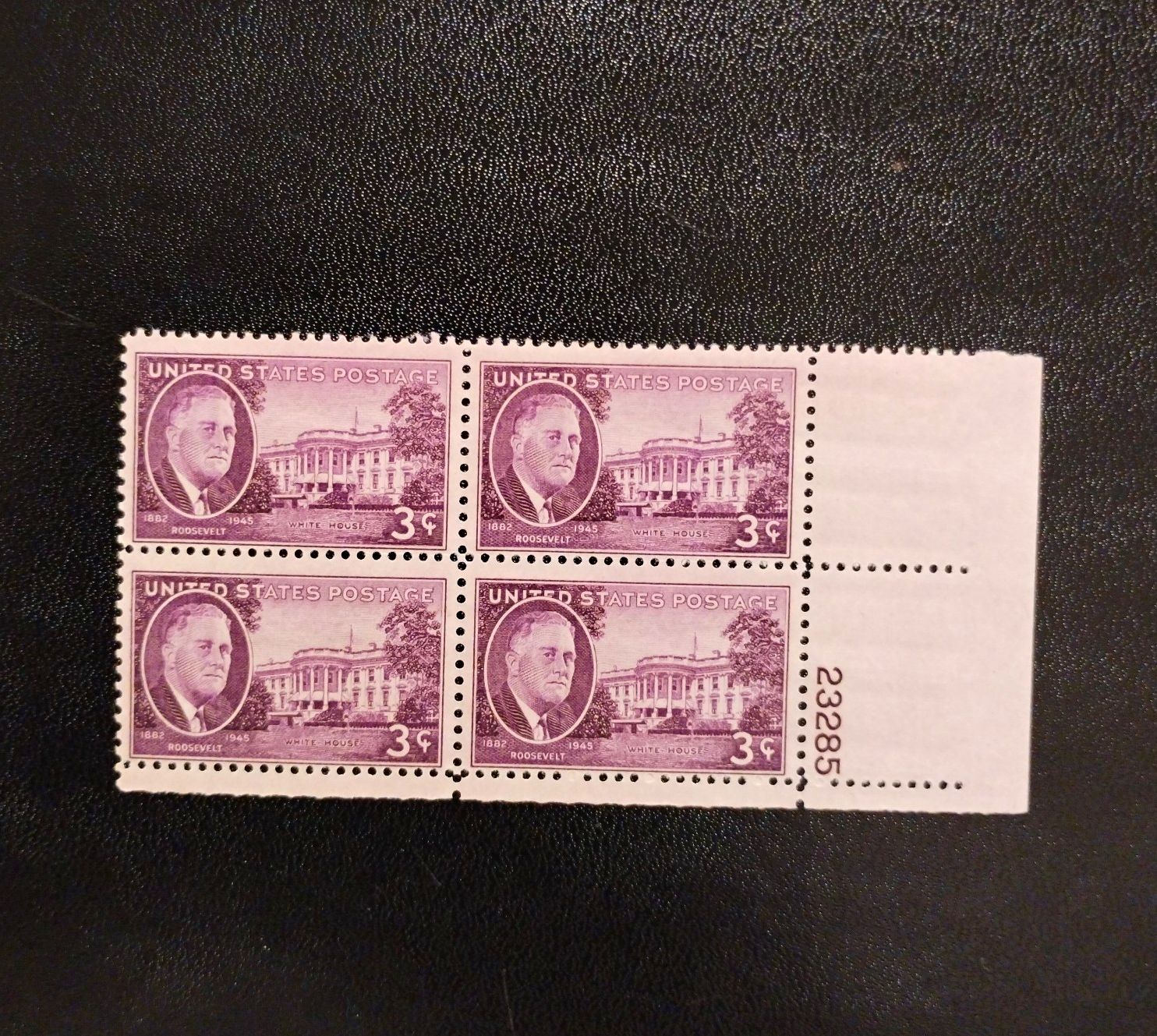 United States Franklin D. Roosevelt 3¢ Purple Plate Block of 4 MNH 1946