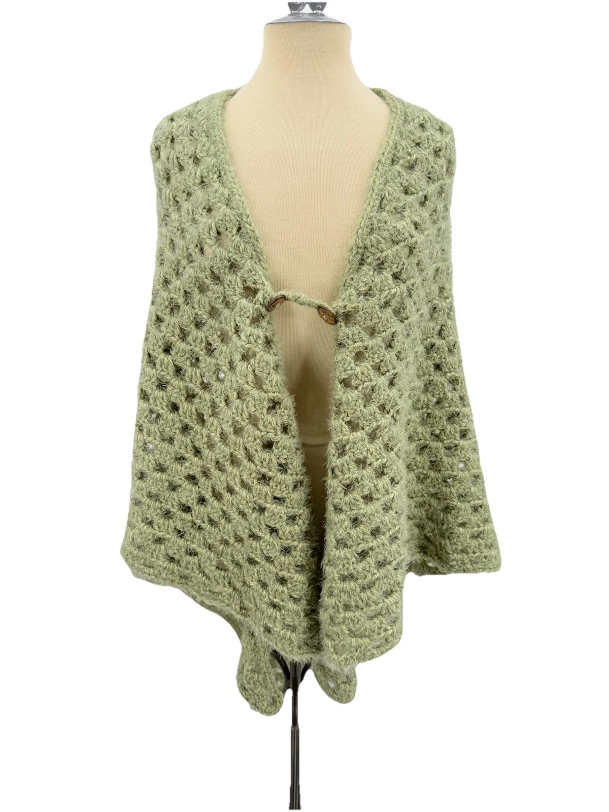 Hand-Crocheted Sage Green Poncho Button Closure Festival Cape Open Knit
Opens in a new window or tab