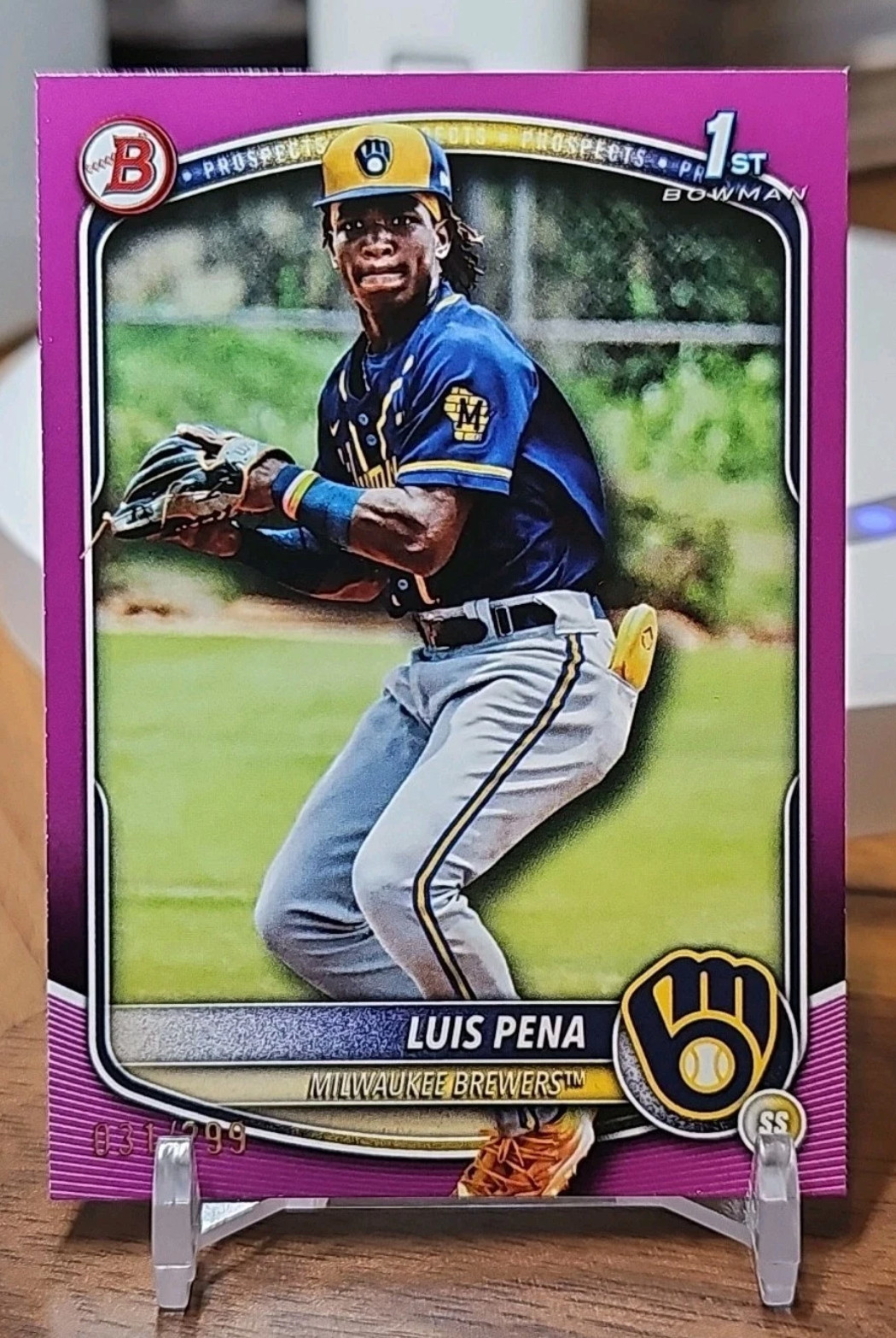 2025 Bowman 1st #BP-38 Luis Pena /299 Magenta Fuchsia Milwaukee Brewers