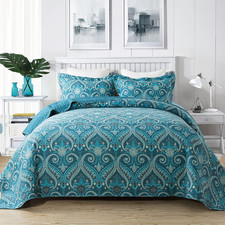 Newlake Cotton Bedspread Quilt Sets-Reversible Patchwork Coverlet Set Turquoise