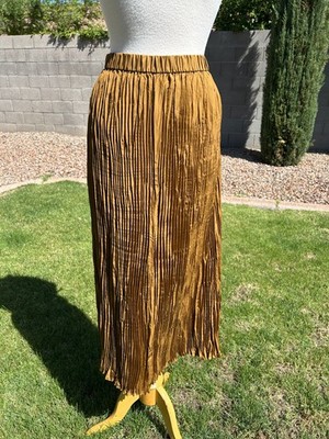 Eileen Fisher Crushed Silk Pleated Midi Skirt Women's M Bronze Crinkle $248 NWT