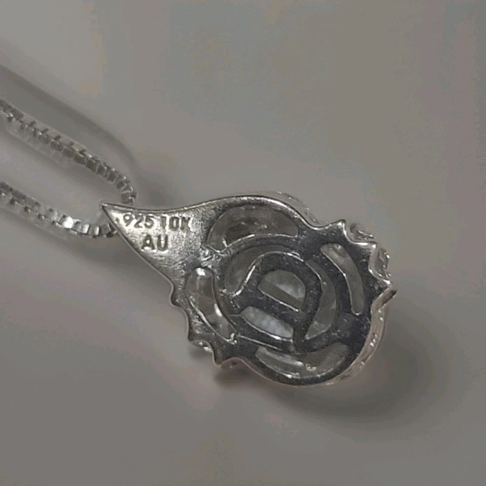 Duet Aquamarine Pendant 925 Silver 10K Gold Diamond Accents 18" Necklace New - Image 2 of 4