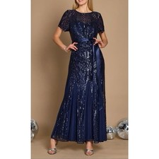 R  M Richards Short Sleeve Mother Of The Bride Navy Sequin Ribbon Sash Gown 10