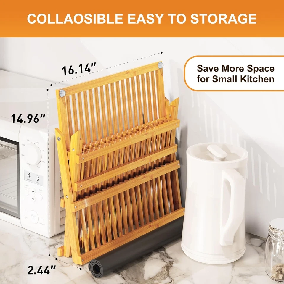  Estante de secado de platos de bambú con soporte para utensilios, estante para platos plegable de 3 niveles, Foto 4 de 4