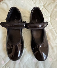 Danskin Black Patent Tap Dance Shoes w/ Hook  Loop Strap little girls size 10