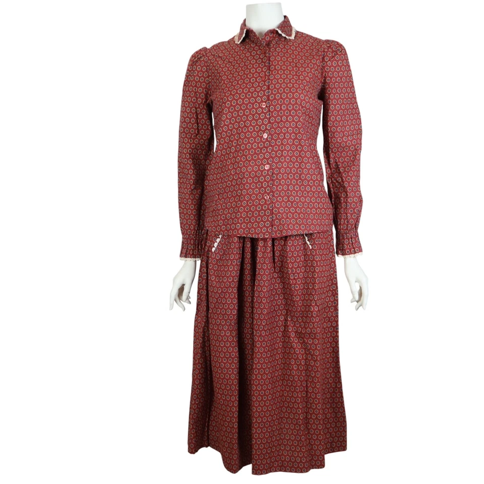 Vintage Sears 2 Piece Skirt Set Pleated Red Daisy Prairie 70s Women's Small - Image 4 of 4