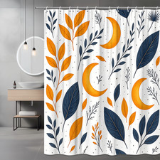 Boho Floral Shower Curtain with Orange Moons and Leaves