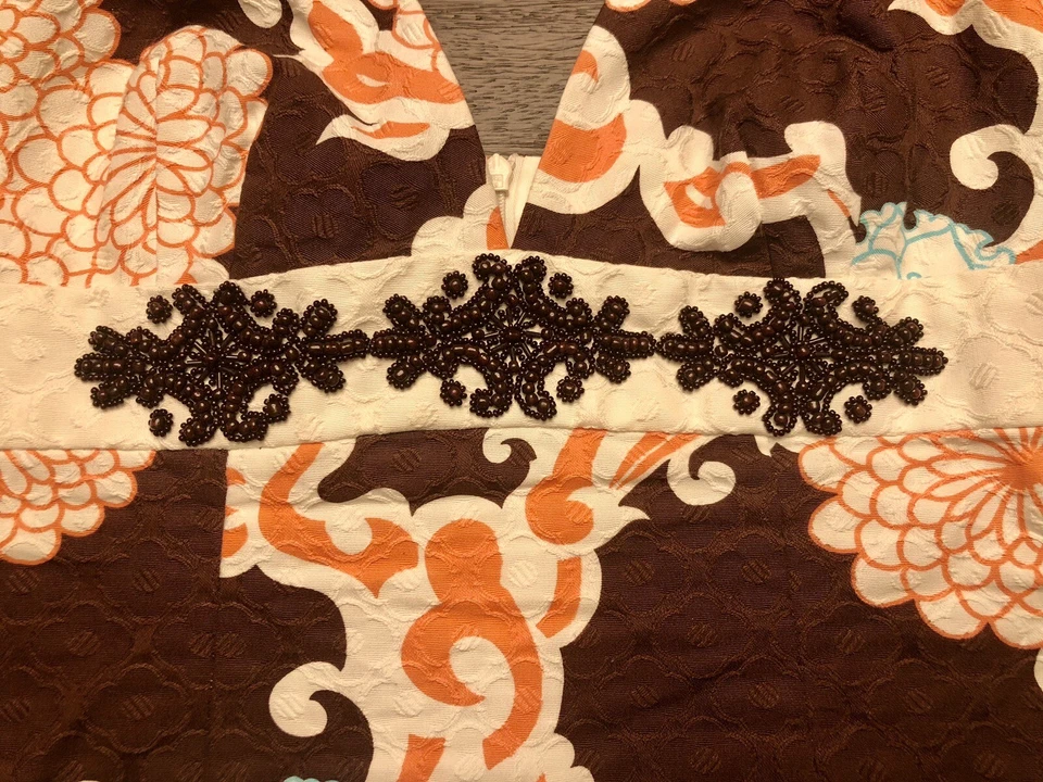 Trina Turk Brown/Multi Beaded Y2K Floral Halter Dress Sz 6 Tie Neck Zip Back - Image 4 of 4