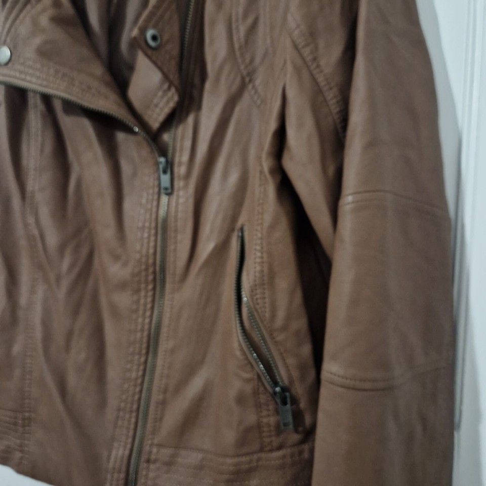 Womens Tu Light Brown Faux Leather Biker Jacket CoatSize Uk 16 Zip Up