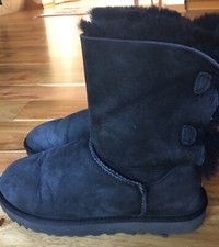 UGG Australia BAILEY BOW Suede Boots BLACK SIZE 8 EU 39 Youth 6 Sheepskin UGGS