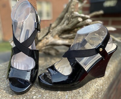 DANA BUCHMAN Black Wedge High Heel Patent Leather Strap Sandal