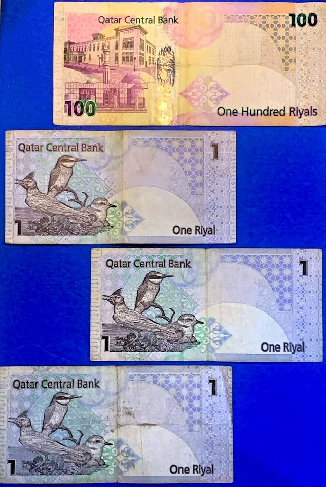 QATAR LOT OF 4 NOTES PREVIOUS ISSUES (1) RIYAL and (100) RIYALS GOOD USED CIRC.+ - Image 2 of 4
