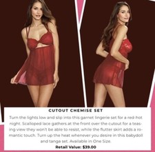 Pure Romance Dreamgirl 2 Piece Garnet Red Cutout Chemise Set O/S One Size New