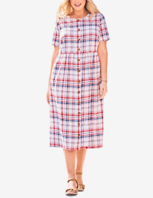 Woman Within Plus Size White Multi Plaid Short-Sleeve Seersucker