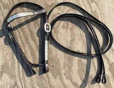 Dark oil leather Western show headstall w/silver, matching reins