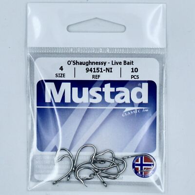 Mustad OShaughnessy Live Bait Fishing Hooks 94151-NI Size 4 10 Pack