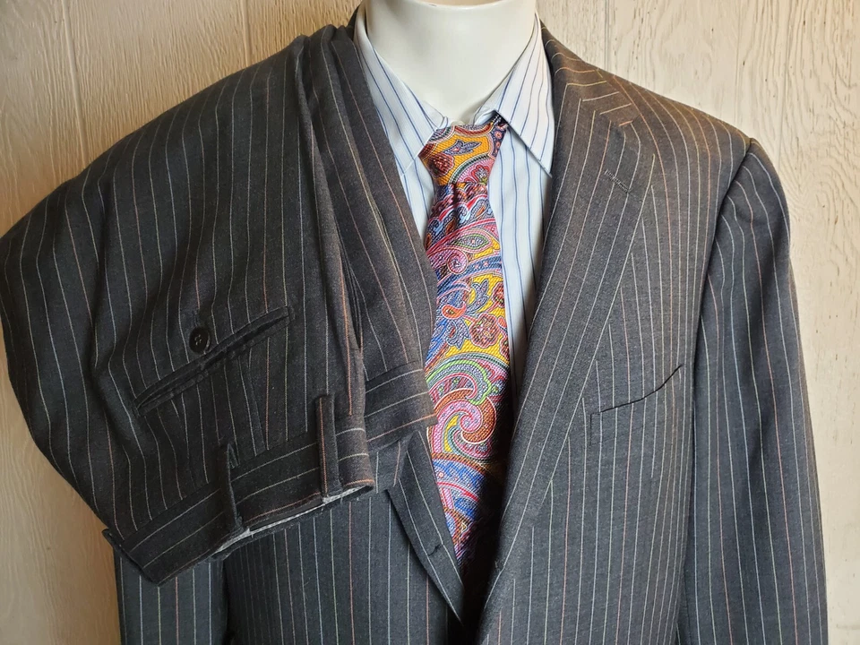 Alfred Dunhill Suit Men 44 Gray Striped Wool 3 Buttons Jacket Flat Pant 34 Italy - Image 2 of 4