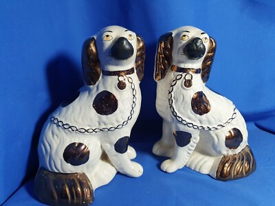 Pair of Victorian Staffordshire Spaniel Dogs, Split/Separate Leg, Copper  Lustre UK
