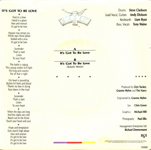 Narcs - It's Got To Be Love, Rare 1988 NZ pic sleeve 45 - Picture 2 of 4