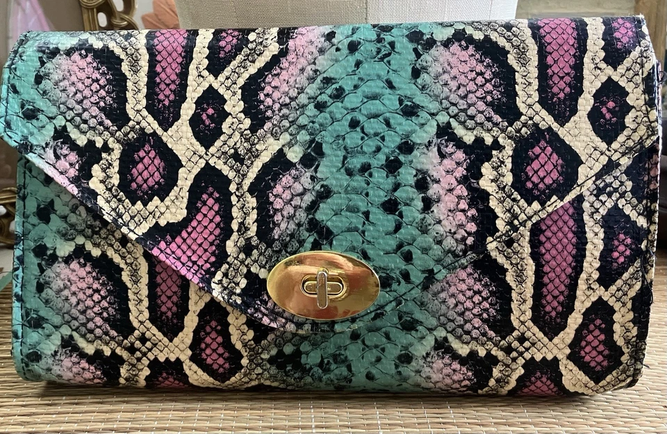H&M Python Snake Skin-like CLUTCH Envelope, Turn-Lock Closure, Turquoise & Pink - Image 2 of 4